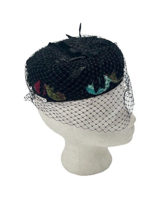 Vintage Black Velvet Pillbox Hat Birdcage Veil Jackie O Cocktail Hat main image 7